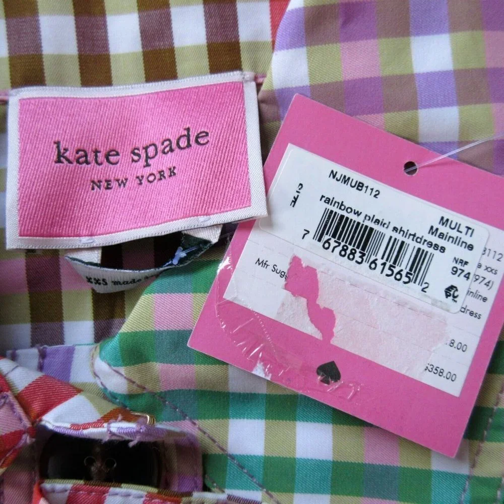 NWT Kate Spade New York Rainbow Plaid Cotton Belted Button Front Shirt Dress XXS